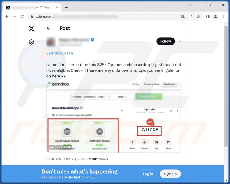 Post Earndrop na X (Twitterze) promujący oszustwo