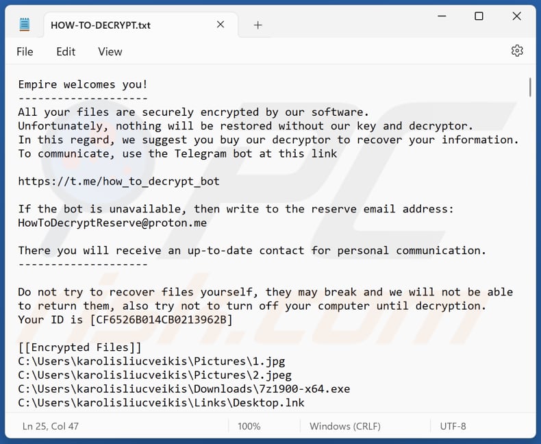 Plik tekstowy ransomware Empire (HOW-TO-DECRYPT.txt)