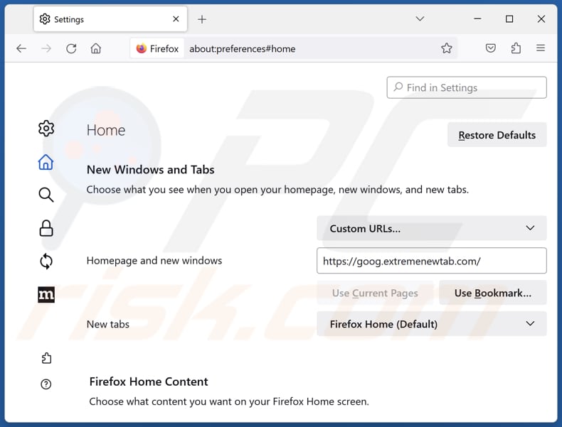 Usuwanie extremenewtab.com ze strony domowej Mozilla Firefox