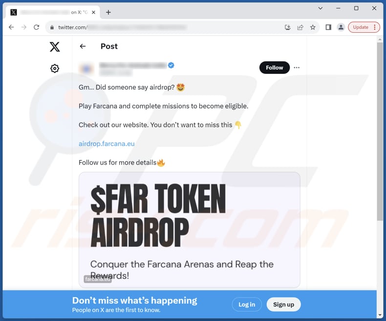 Post oszustwa FAR TOKEN AIRDROP na X (Twitterze)