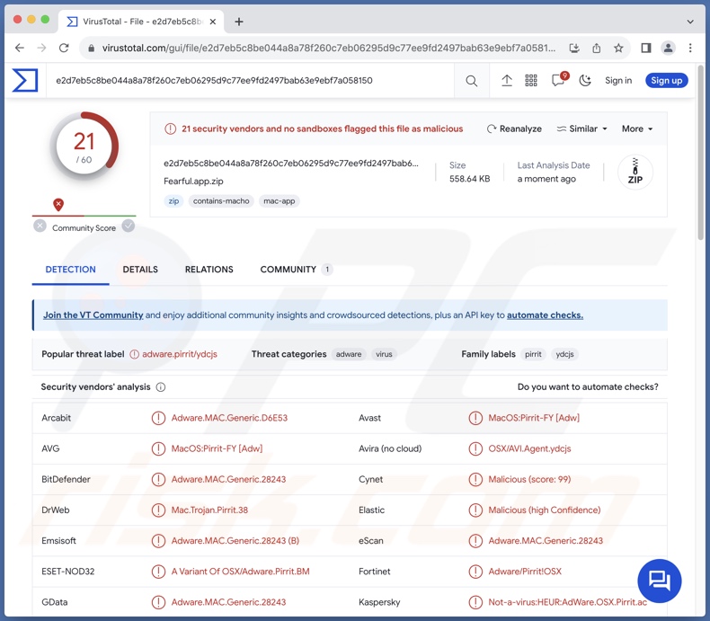 Wykrycia adware Fearful.app na VirusTotal