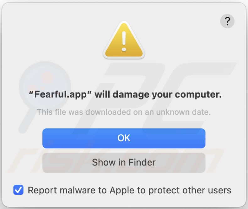 Pop-up wyświetlany, gdy adware Fearful.app jest wykrywane w systemie