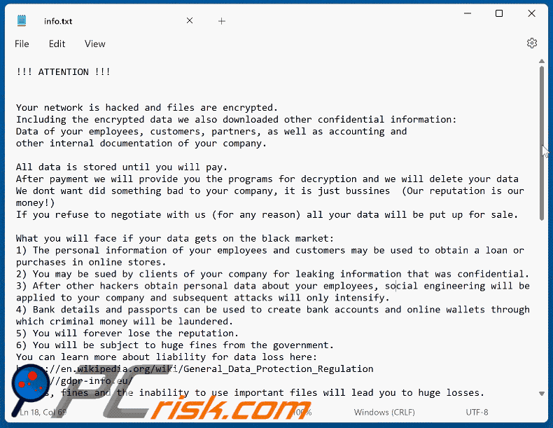 Notatka z żądaniem okupu ransomware Gotmydatafast (info.txt)