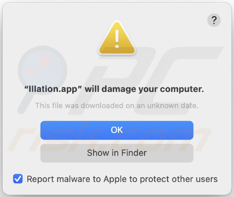 Ostrzeżenie pop-up adware Illation.app