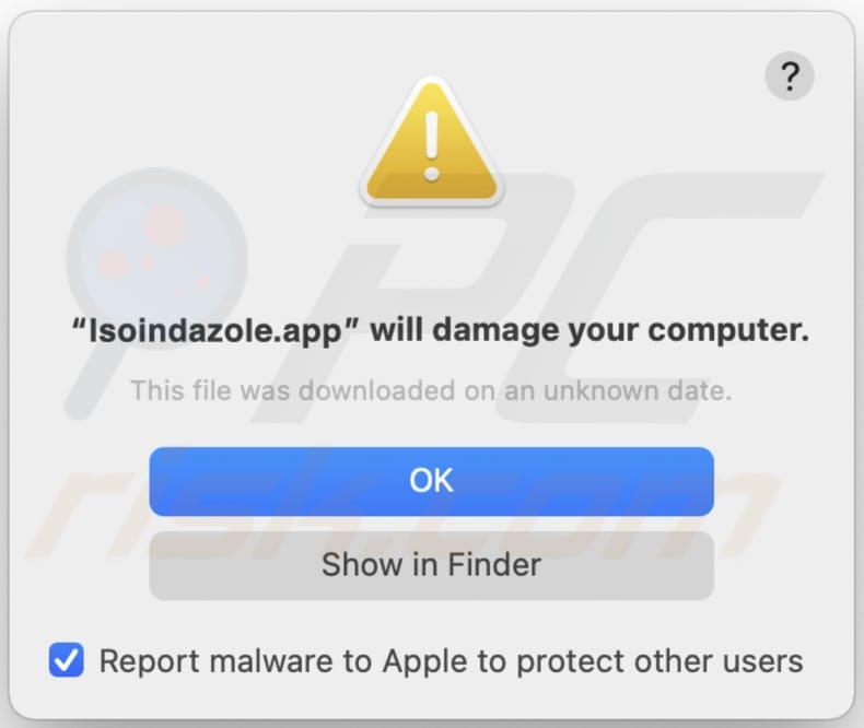 Ostrzeżenie pop-up adware Isoindazole.app