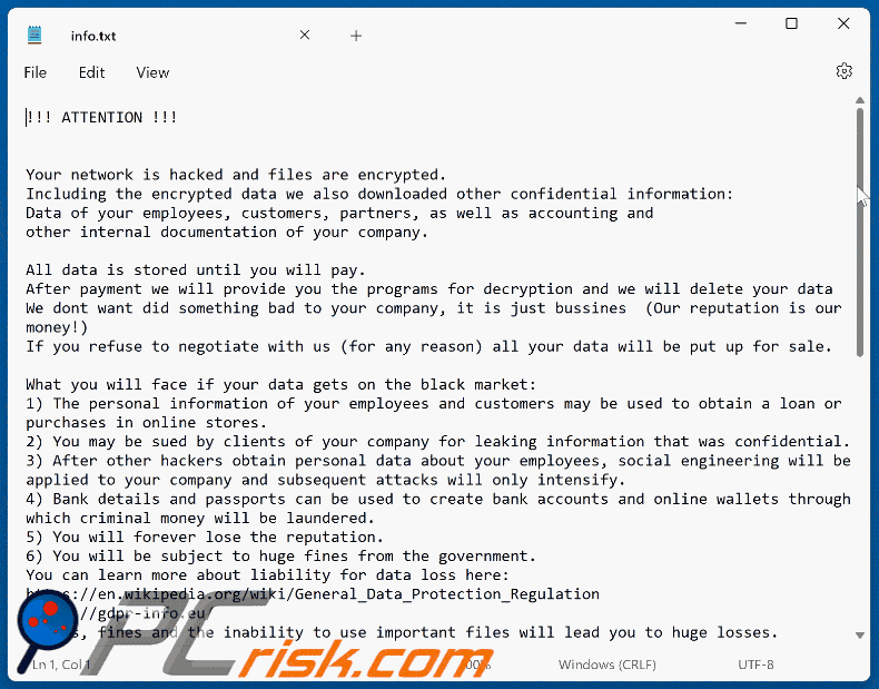 Plik tekstowy notatki z żądaniem okupu ransomware Jopanaxye (info.txt)