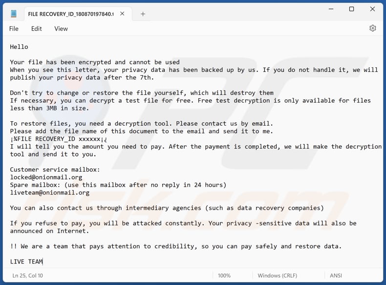 Plik tekstowy ransomware LIVE TEAM  (FILE RECOVERY_ID_[ID_ofiary].txt)