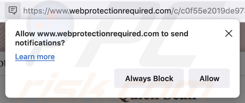 MacOS Is Infected - Virus Found Notification Oszukańcza witryna prosząca o pozwolenie na wysyłanie powiadomień w przeglądarce Firefox