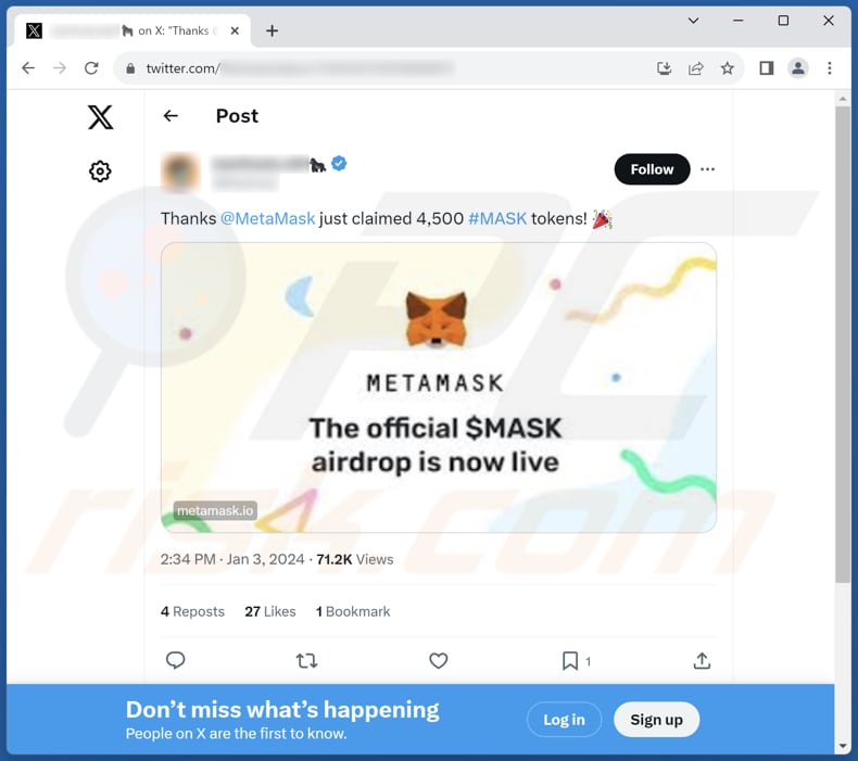 Post promujący oszustwo Mask token airdrop na X (Twitterze)