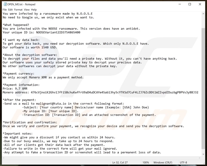 Plik tekstowy ransomware NOOSE (OPEN_ME.txt)