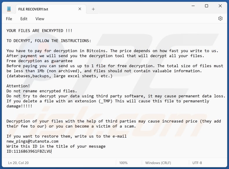 Plik tekstowy ransomware Pings (FILE RECOVERY.txt)