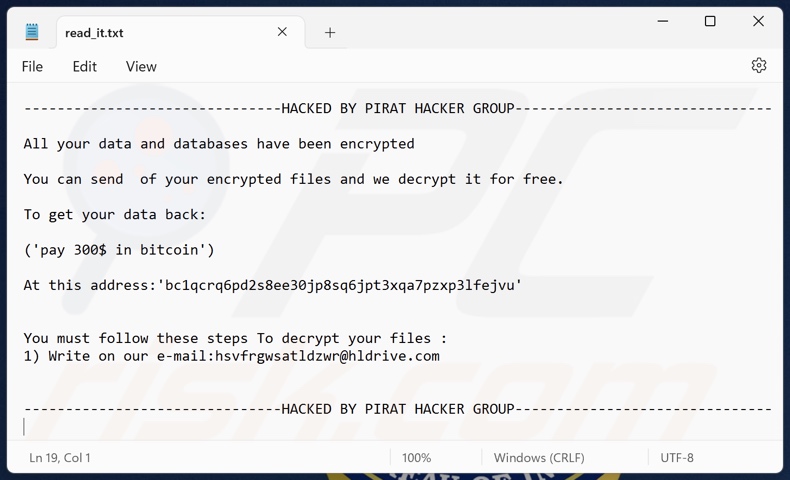 Notatka z żądaniem okupu ransomware PIRAT HACKER GROUP (read_it.txt)