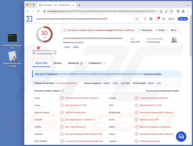 Wykrycia adware PositiveFocus na VirusTotal