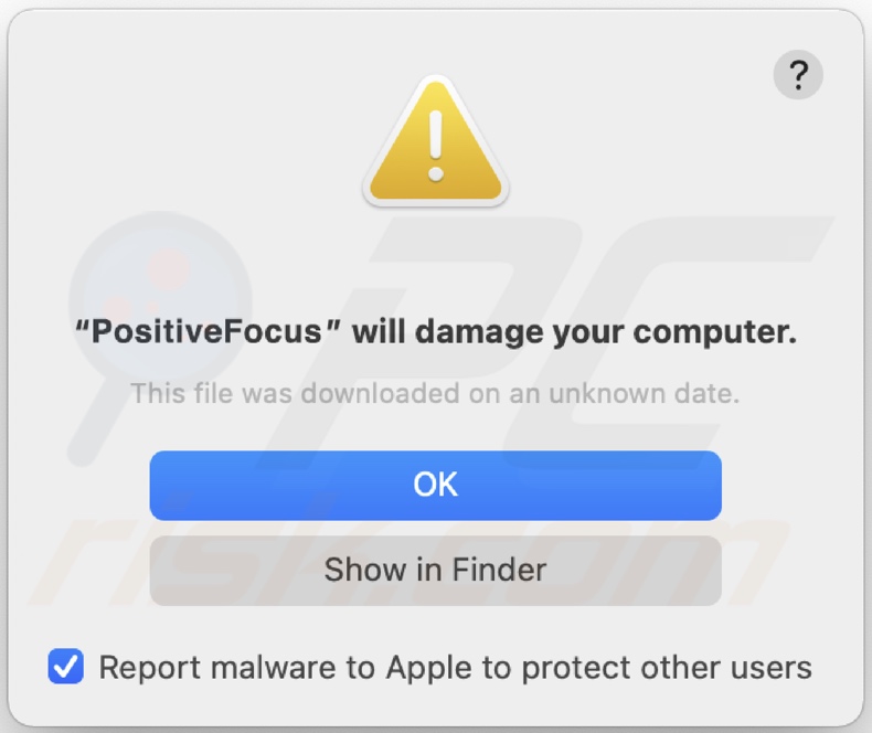 Pop-up wyświetlany, gdy adware PositiveFocus jest obecne w systemie