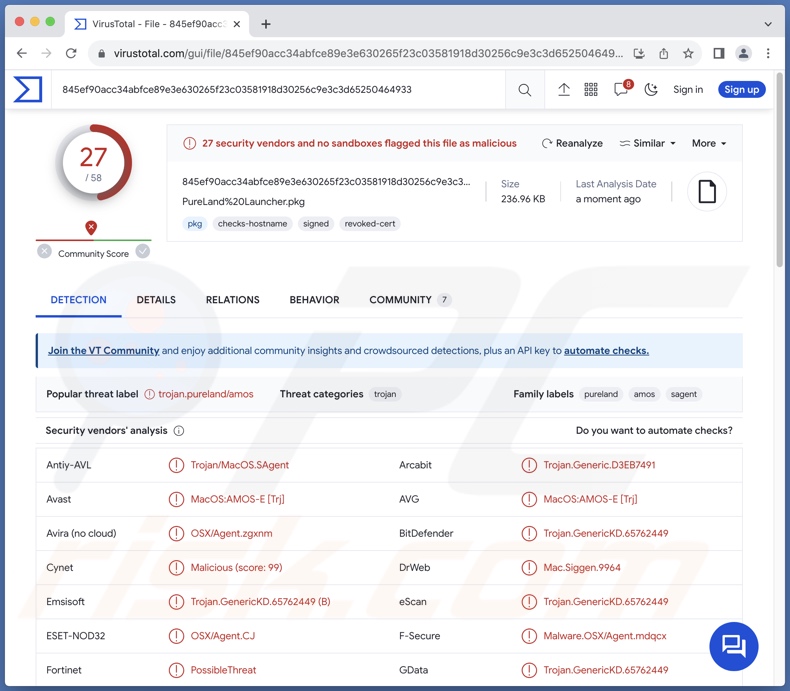 Wykrycia malware PureLand na VirusTotal