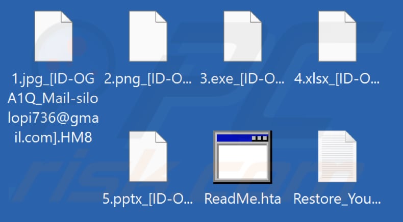 Pliki zaszyfrowane przez ransomware RCRU64 (rozszerzenie .HM8)