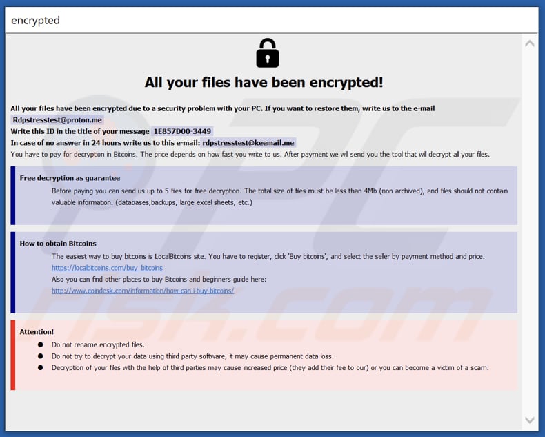 Pop-up z notatką z żądaniem okupu ransomware Rdptest (info.hta)