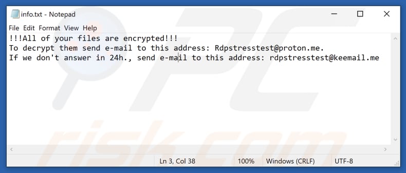 Plik tekstowy ransomware Rdptest (info.txt)