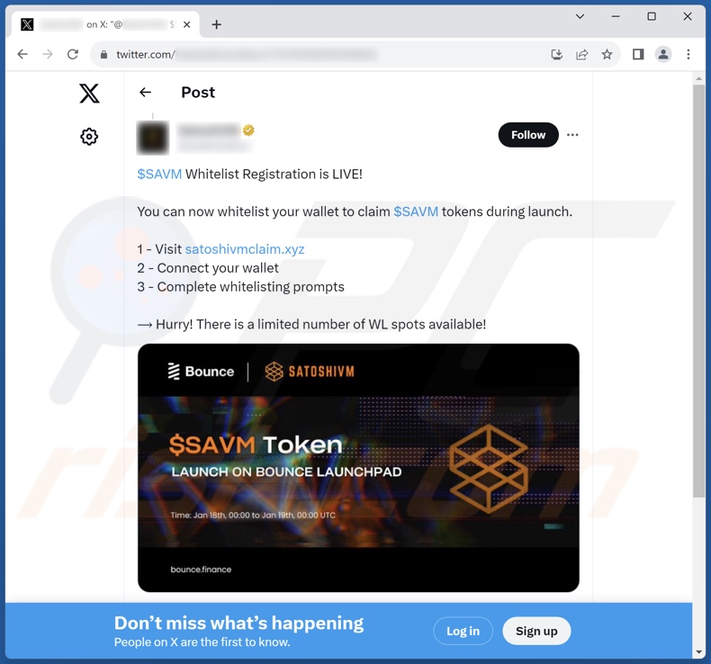 Post na X (Twitterze) promujący oszustwo SatoshiVM Token Airdrop