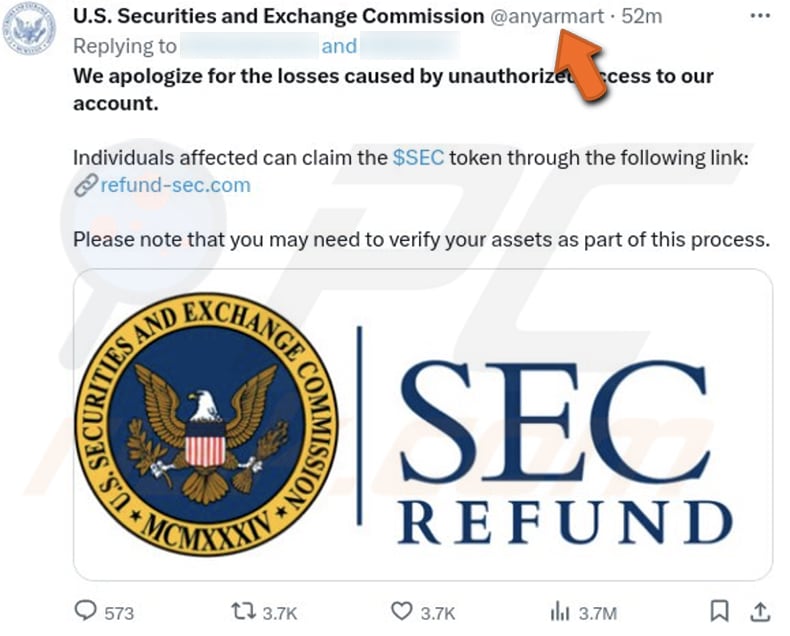 Oszukańczy post SEC Token Refund Airdrop na X (Twitterze) promujący to oszustwo