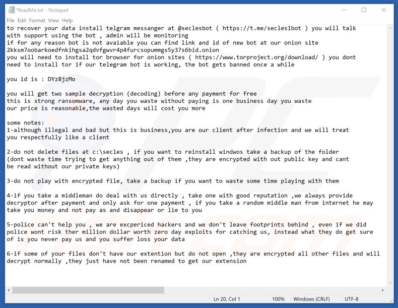 Notatka z żądaniem okupu ransomware Secles (ReadMe.txt)