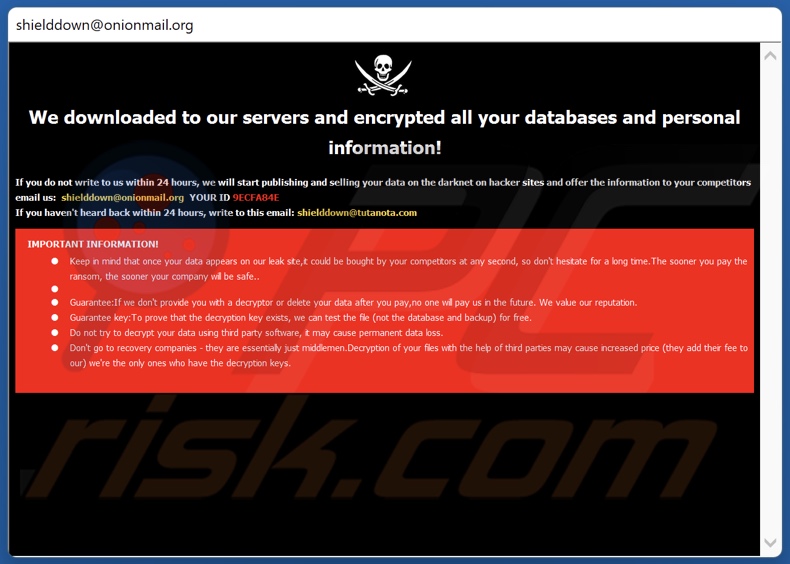 Notatka z żądaniem okupu ransomware Shiel (pop-up)