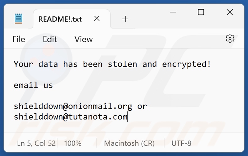 Plik tekstowy ransomware Shiel (README!.txt)