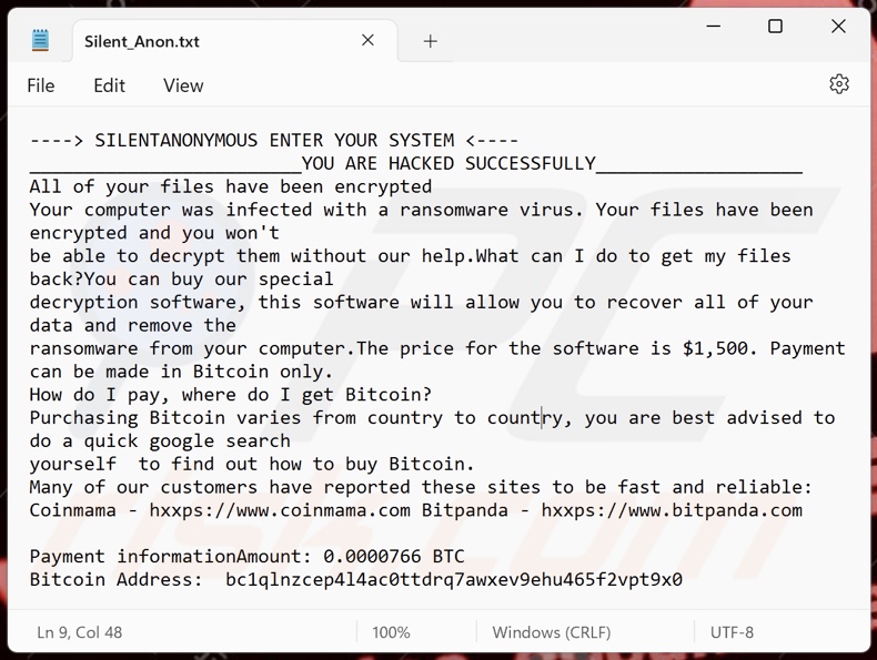 Notatka z żądaniem okupu ransomware SilentAnonymous (Silent_Anon.txt)
