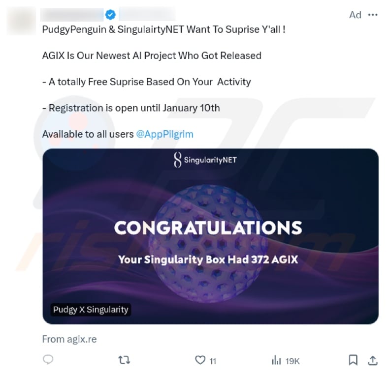 Oszustwo SingularityNET - AGIX promowane na X (Twitterze)