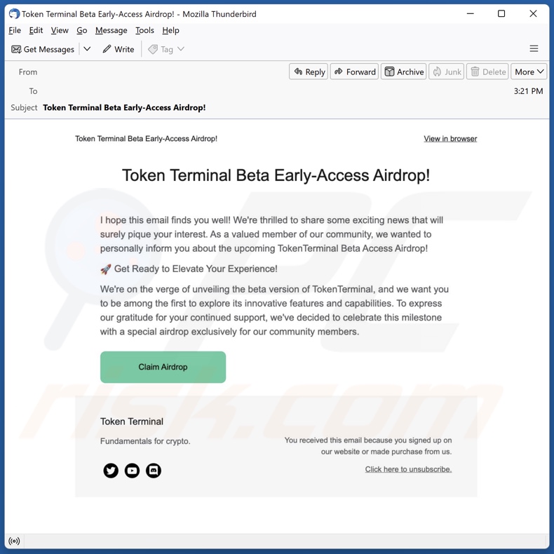 E-mail spamowy promujący oszustwo Token Terminal's Airdrop