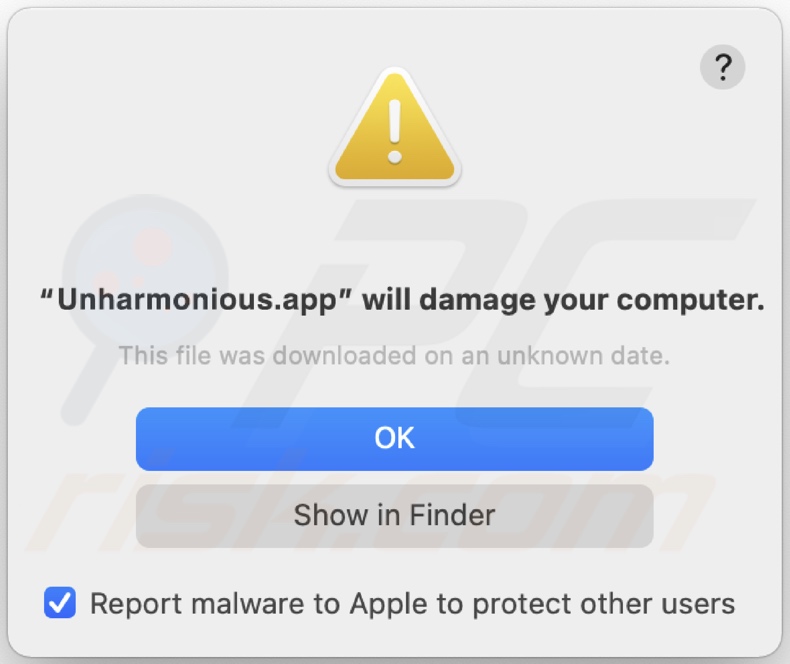 Okno pop-up wyświetlane, gdy adware Unharmonious.app jest wykryte w systemie