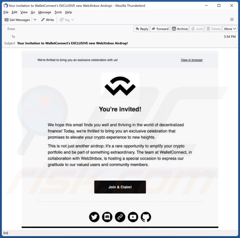 E-mail spamowy promujący oszustwo WalletConnect & Web3Inbox Airdrop