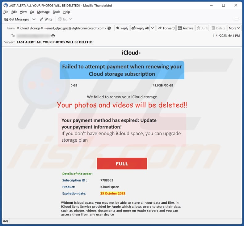 E-mailowa kampania spamowa Your iCloud Photos And Videos Will Be Deleted