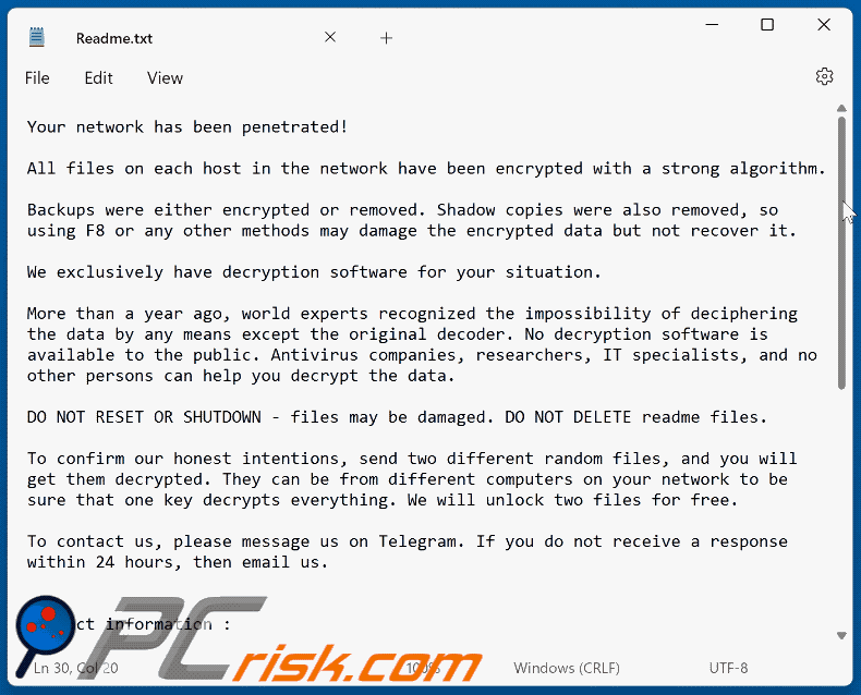 Notatka z żądaniem okupu ransomware ZeroGuard (Readme.txt) GIF