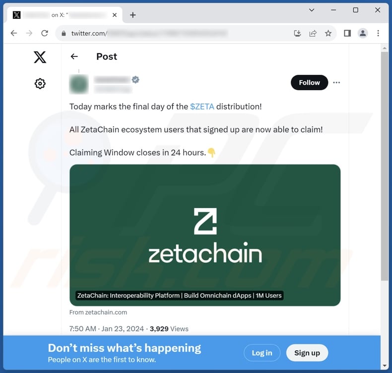 Post promujący oszustwo ZetaChain Airdrop na platformie mediów społeczościowych X (Twitterze)