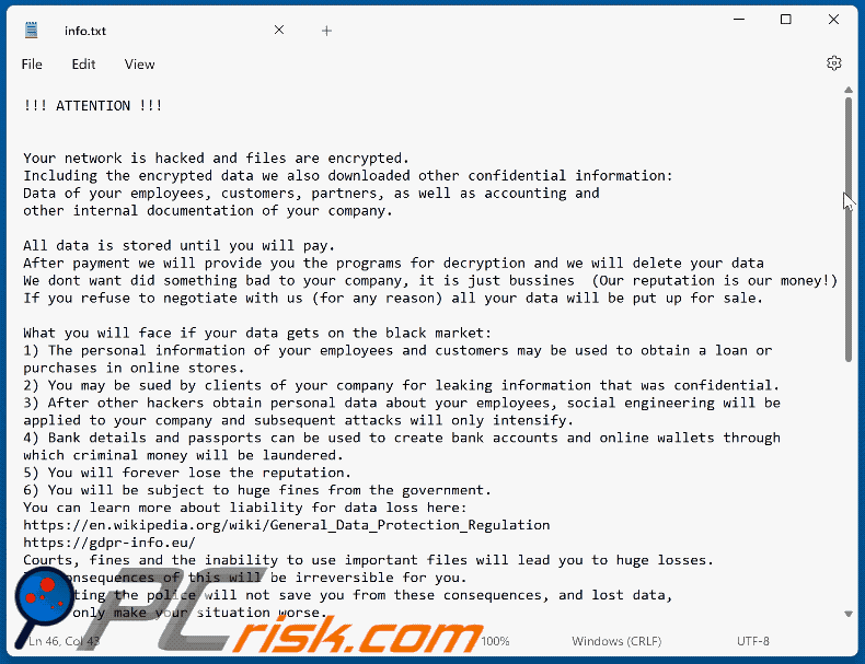 Wygląd notatki z żądaniem okupu ransomware BackMyData (info.txt)