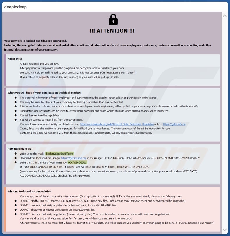 Notatka z żądaniem okupu ransomware BackMyData (info.hta)