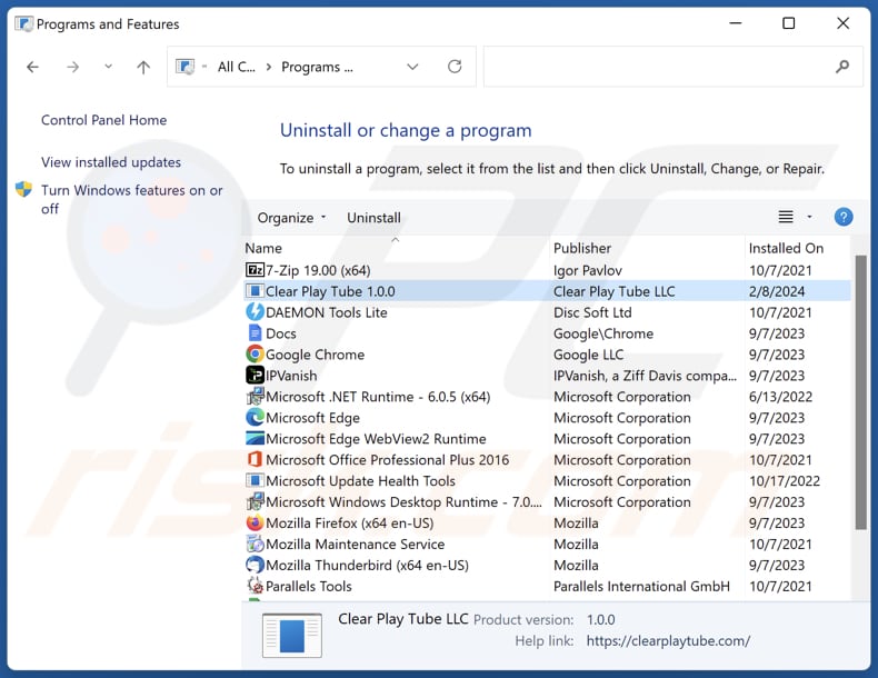 Odinstalowanie Clear Play Tube poprzez Panel sterowania