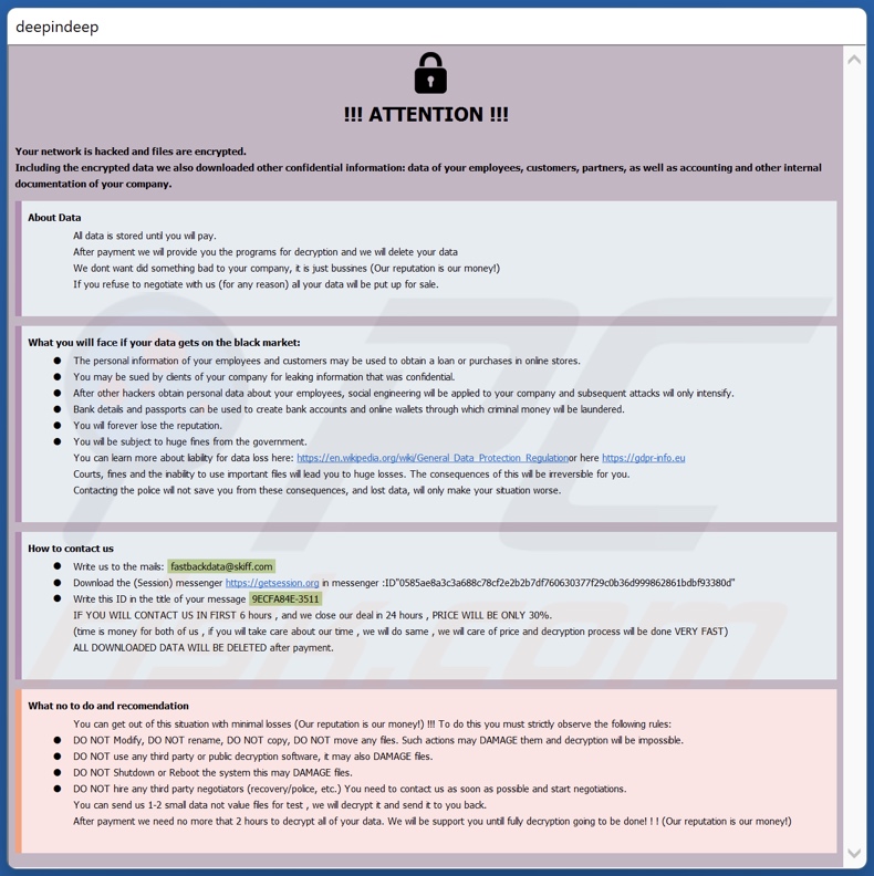 Notatka z żądaniem okupu ransomware Fastbackdata (info.hta)