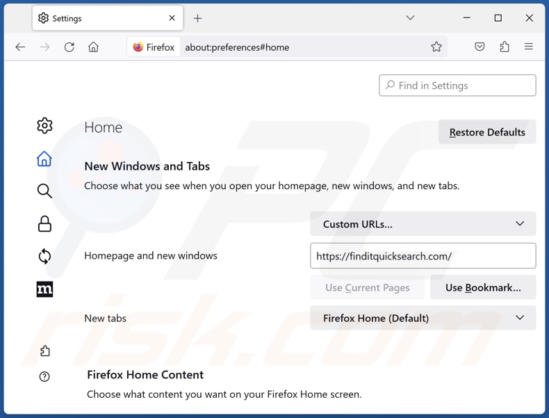 Usuwanie finditquicksearch.com ze strony głównej Mozilla Firefox