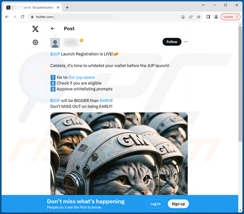 Post na X (Twitterze) promujący witrynę oszustwa Jupiter Airdrop - listed-jup[.]space