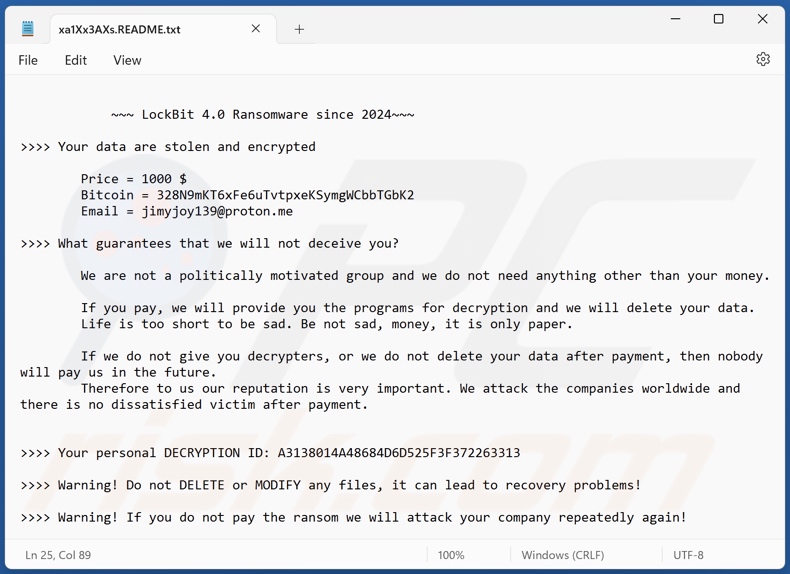 Notatka z żądaniem okupu ransomware LockBit 4.0 (xa1Xx3AXs.README.txt)