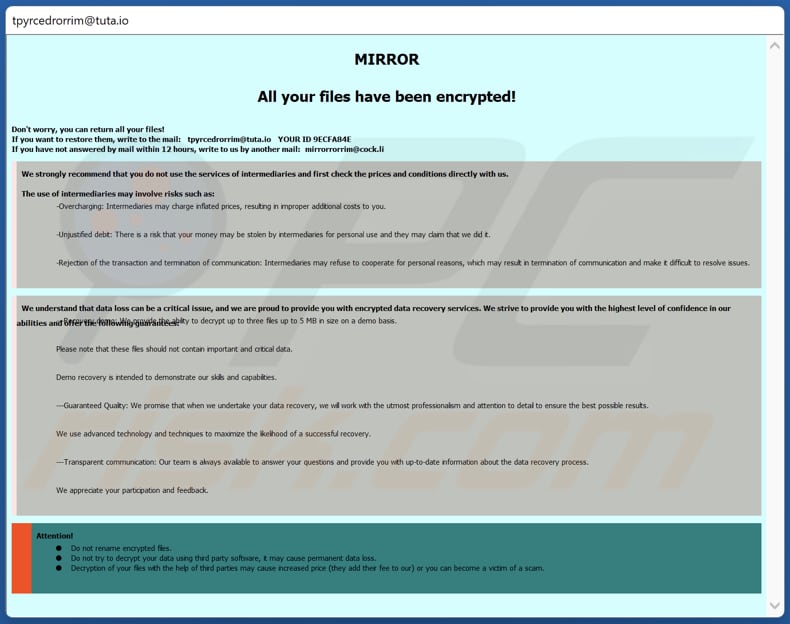 Notatka z żądaniem okupu ransomware MIRROR (okno pop-up)