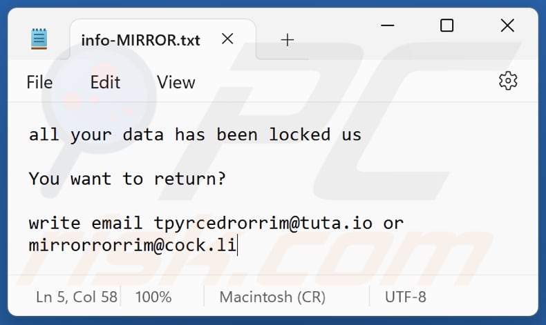 Plik tekstowy ransomware MIRROR (info-MIRROR.txt)