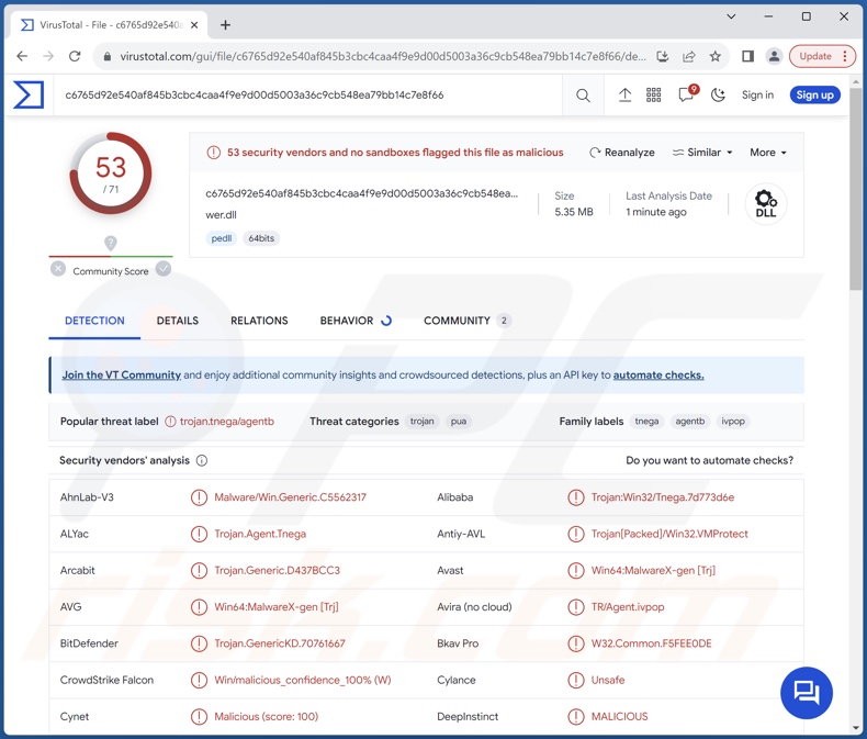 Wykrycia malware Ov3r_Stealer na VirusTotal