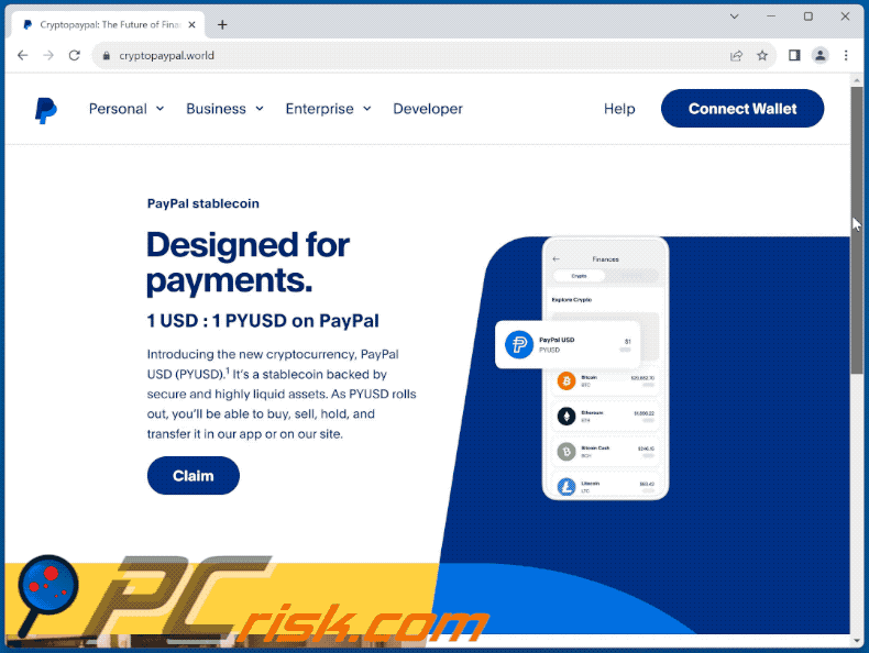 Wygląd oszustwa PayPal Stablecoin (GIF)