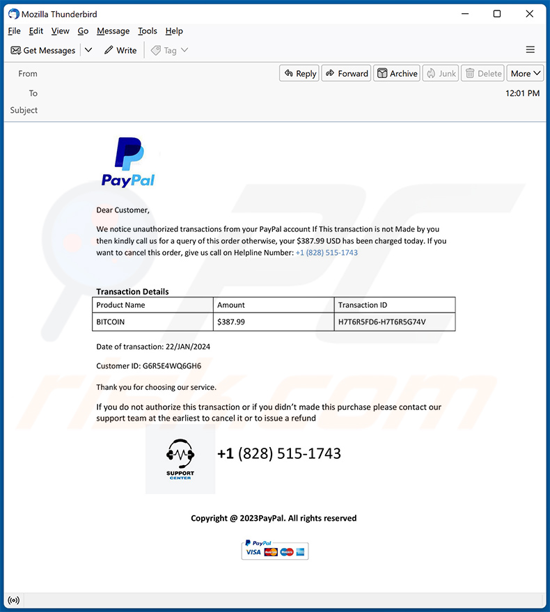Oszustwo e-mailowe PayPal - Unauthorized Transaction (2024-02-04)