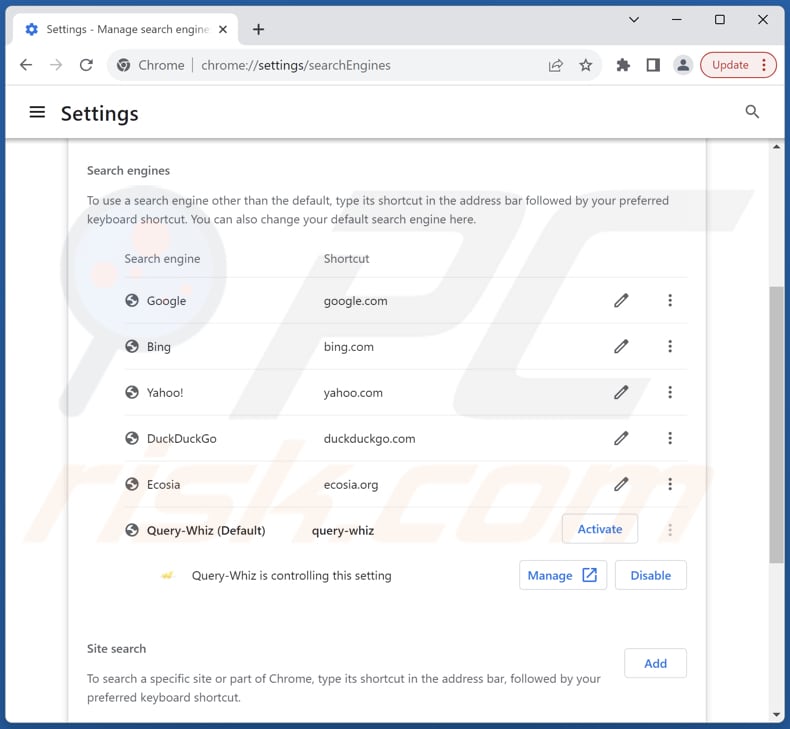 Usuwanie query-whiz.com z domyślnej wyszukiwarki Google Chrome