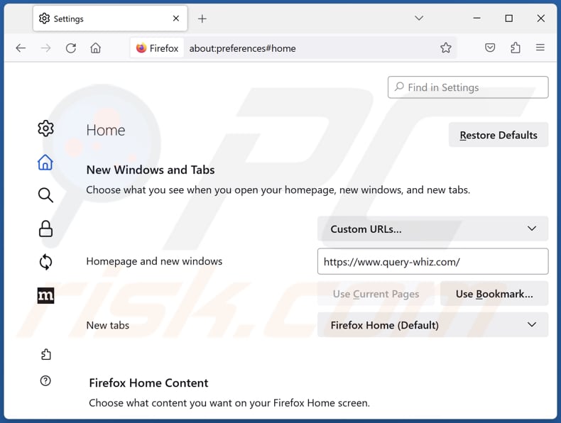 Usuwanie query-whiz.com ze strony głównej Mozilla Firefox