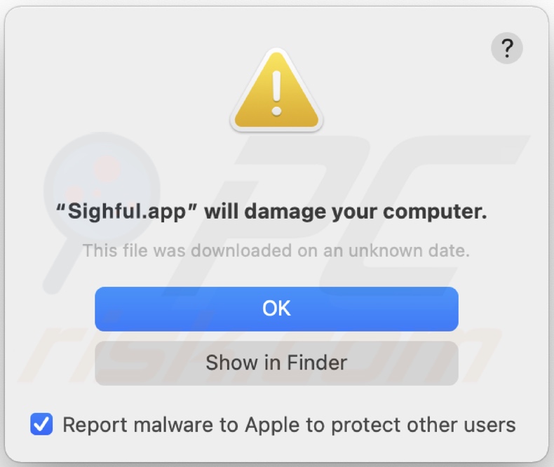 Wyskakujące okienko wyświetlane po wykryciu adware Sighful.app w systemie